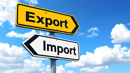 Import export yellow sign board against blue sky, trade between countries, trade surplus, tariff.