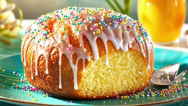 Glazed easter cake with sprinkles and colorful eggs on table in sunlit setting. Happy Easter