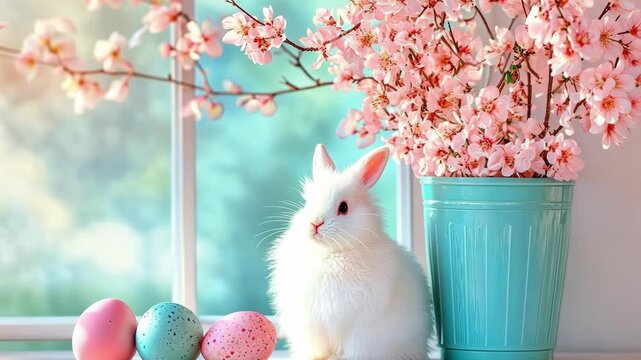 White bunny with pastel eggs and cherry blossoms by the window in springtime. Happy easter
