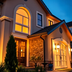 Obraz premium Luxury Home Exterior at Night: Illuminated Facade and Modern Design