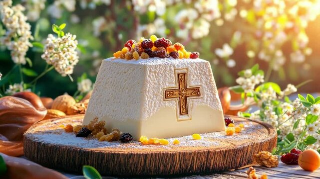 Easter paskha dessert with raisins and nuts on wooden board in sunlit garden. Happy easter