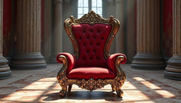 Majestic Throne in Grand Hall: Regal Red Velvet and Gold