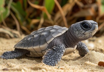 Obraz premium Newly Hatched Sea Turtle Crawling on Sandy Shore Towards Ocean Amid Greenery and Natural Elements