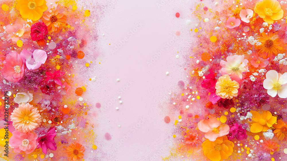 Poster floral wonderland: a vibrant and whimsical display of colorful flowers and pearls arranged in a symm