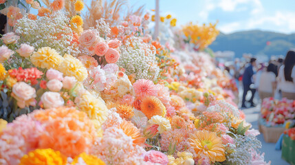 Fototapeta premium Floral Abundance: A vibrant tapestry of pastel and orange flowers creates a stunning display, showcasing a variety of blooms in a lively outdoor setting. The image evokes feelings of joy, warmth.