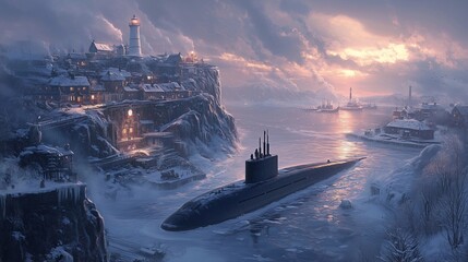 Navy submarine surfaces amid icy cliffs and coastal lights, showcasing a serene winter evening in a quiet harbor
