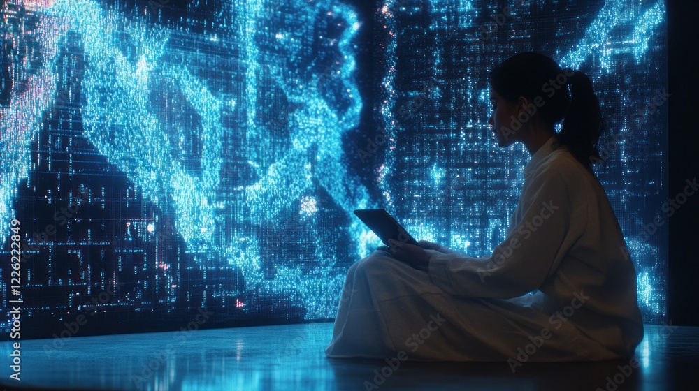 Poster person in front of luminous display holding tablet representing technological interaction
