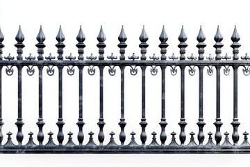 Ornate black metal fence isolated on white background.