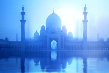 Majestic Mosque Reflecting in Calm Water at Dawn