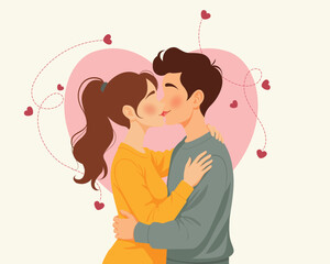 Loving Couple Kissing, Male and Female Characters Fall in Love, Young People Spend Time Together Flirting, Hugging. Cartoon Vector Illustration
