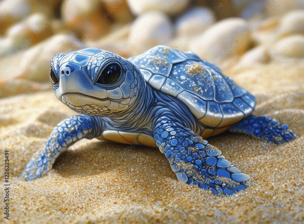 Poster realistic and colorful turtle hatchling crawling on soft sandy beach with smooth pebbles and clear b