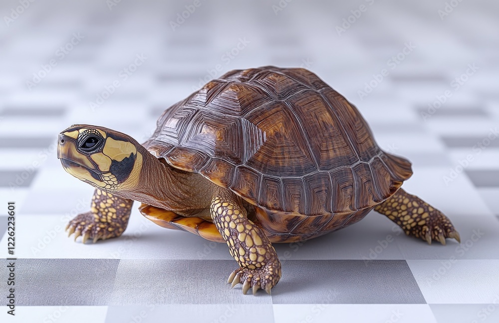 Poster realistic and detailed representation of a tortoise on a stylish checkered surface with smooth textu