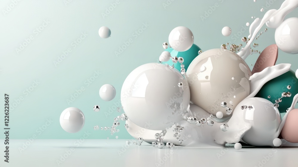 Poster dynamic splash of colorful spheres in abstract composition studio setting digital art minimalist env
