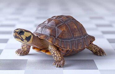 Obraz premium Realistic and Detailed Representation of a Tortoise on a Stylish Checkered Surface with Smooth Texture and Natural Colors