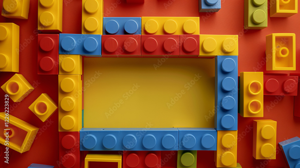 Poster Colorful toy bricks forming a rectangle on red background with copy space in the center