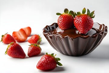 A charming arrangement of chocolate and strawberries in a chocolate bowl, topped with fresh strawberries and additional strawberries scattered underneath