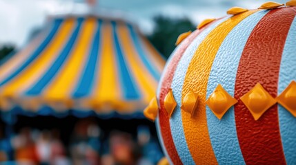 A colorful carnival scene featuring a striped tent and a decorative ball.