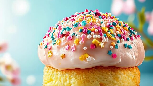 Colorful cupcake with sprinkles on pastel background. Happy Easter