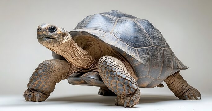 Realistic Close-Up of a Majestic Desert Tortoise Displaying Unique Shell Patterns and Textures in a Studio Setting with Neutral Background