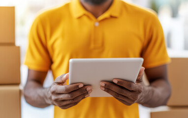 Modern logistics professional using tablet in warehouse environment, surrounded by cardboard boxes, showcasing efficiency and technology in supply chain management