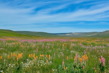 Colorful wildflowers bloom under a clear blue sky in a scenic meadow during springtime