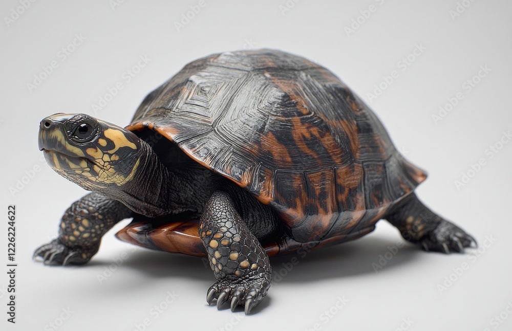 Poster realistic depiction of a tortoise on a neutral background showcasing natural colors and intricate sh