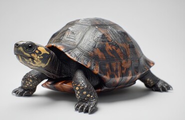 Obraz premium Realistic depiction of a tortoise on a neutral background showcasing natural colors and intricate shell patterns ideal for nature-themed projects and educational resources.