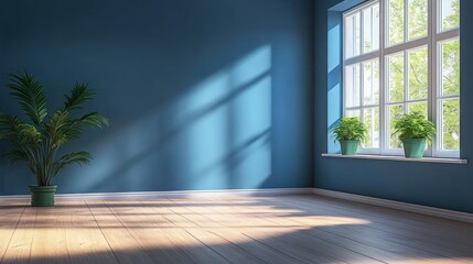 Fototapeta premium Scandinavian Interior Room Blue Wall Minimalist Bright Design Natural Light Wooden Floor Plants