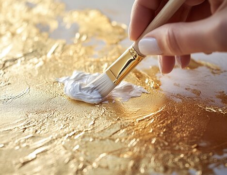 Artist Hand Painting Gold Canvas with White Acrylic, Creating Textured Abstract Art Masterpiece Skillfully