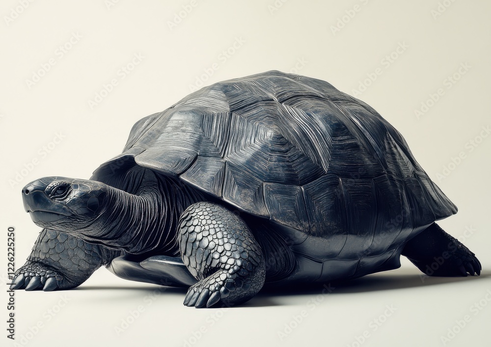 Poster realistic sculpture of a turtle showcasing intricate details and textures in a minimalist setting pe