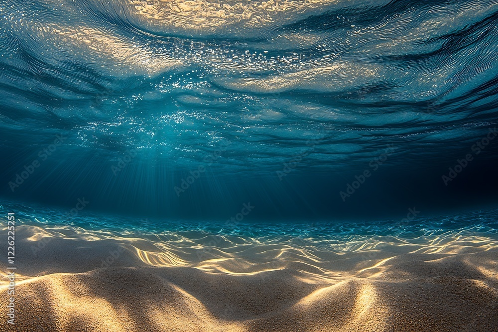 Poster Serene Ocean Underwater View with Sun Rays and Sandy Seafloor Illumination : Generative AI