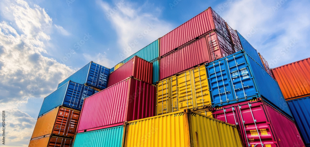 Poster stacked cargo containers in various colors against overcast sky, emphasizing depth and perspective, 