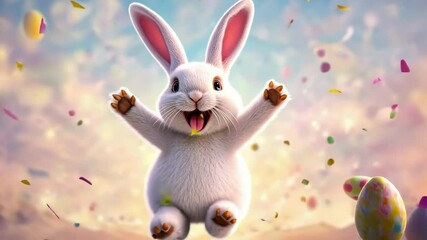 Joyful cartoon bunny celebrates among festive easter eggs and colorful confetti. Happy Easter - Powered by Adobe