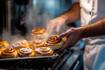 December 9.Pastry day.National pastry.A detailed photo of a pastry chef pulling a tray of fresh cinnamon rolls from the oven, with steam rising and the warm aroma captured in the air