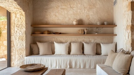 Fototapeta premium A Serene, Minimalist Living Space With Neutral Tones, Featuring A Built-In Bench, Shelves, And Textured Accents. The Room Exudes Calmness And Sophistication.