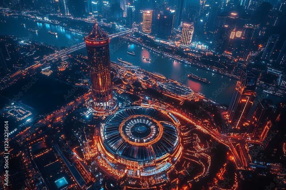 Poster vibrant aerial view of illuminated cityscape at night with stunning architecture : generative ai