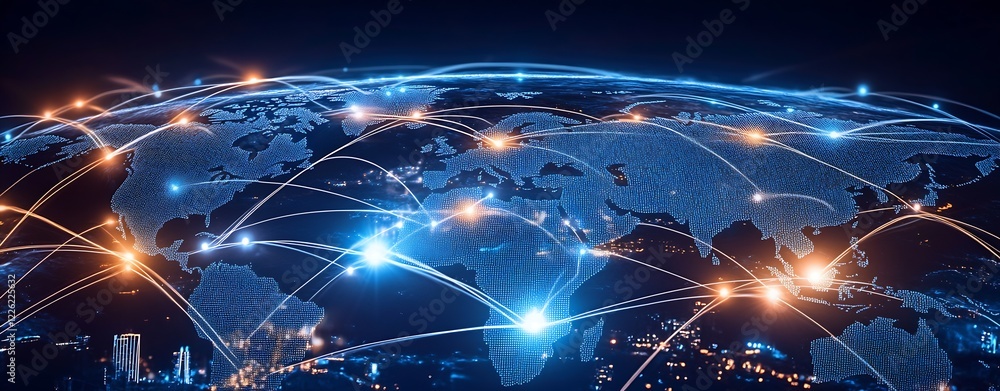 Poster Global Digital Connectivity Network with Illuminated World Map and Data Trails : Generative AI