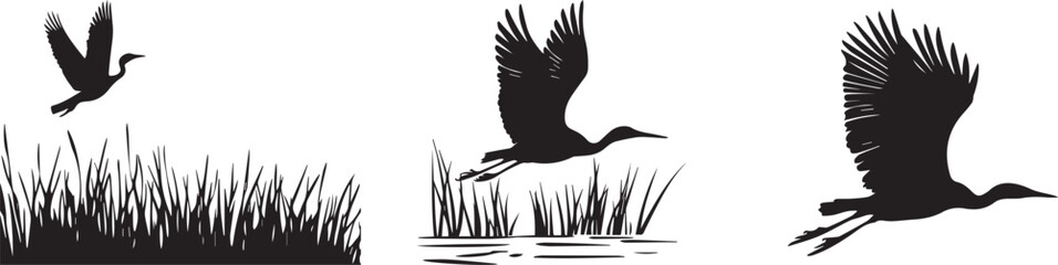 Silhouette of a bird taking flight over a land vector silhouette