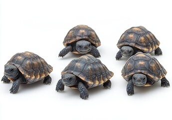 Obraz premium Realistic turtle figurines displayed in a creative arrangement showcasing natural textures and colors ideal for nature enthusiasts and collectors.