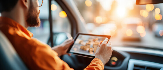 worker in delivery vehicle using tablet to manage packages while driving in busy urban environment. warm sunlight creates vibrant atmosphere
