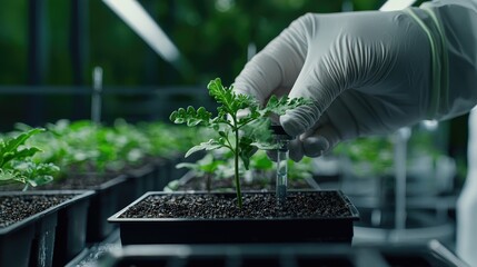 Scientist examining plant seedling in lab; background shows other plants