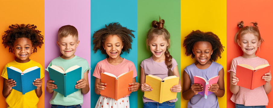 Group of six joyful and diverse kids happily reading books against a vibrant and colorful backdrop