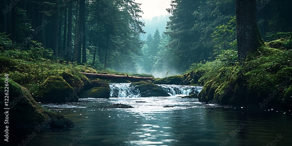 Poster serene forest stream flowing through mossy rocks in lush greenery quiet nature scene : generative ai