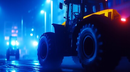 Nighttime scene featuring illuminated tractors on a city street with vibrant blue lights and buildings