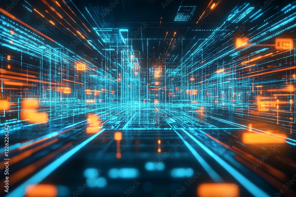 Aufkleber Cyber Cityscape Visualization with Futuristic Digital Grids and Lights : Generative AI