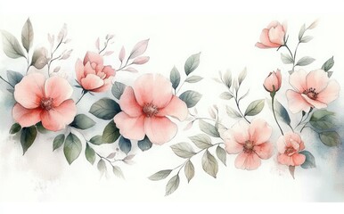 Fototapeta premium Watercolor Pink Roses and Garden Flowers with Green Leaves and Branches for Floral Decoration