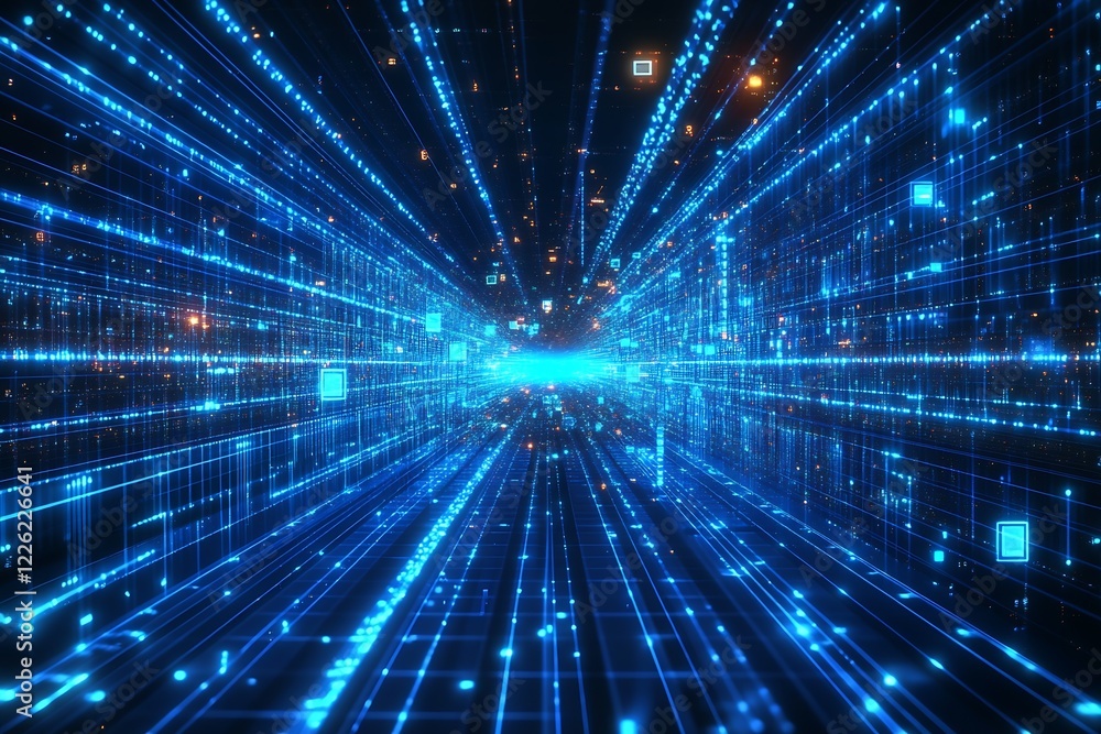 Fototapete futuristic digital data stream with glowing points of light in a blue tone : generative ai