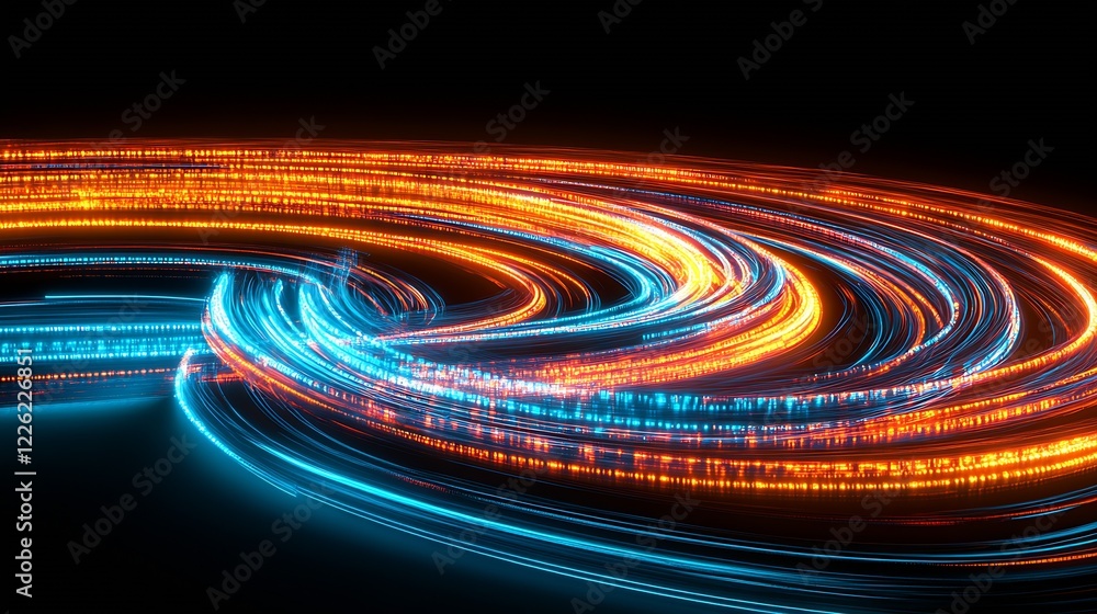 Poster dynamic blue and orange light trails swirling in abstract motion on black background : generative ai