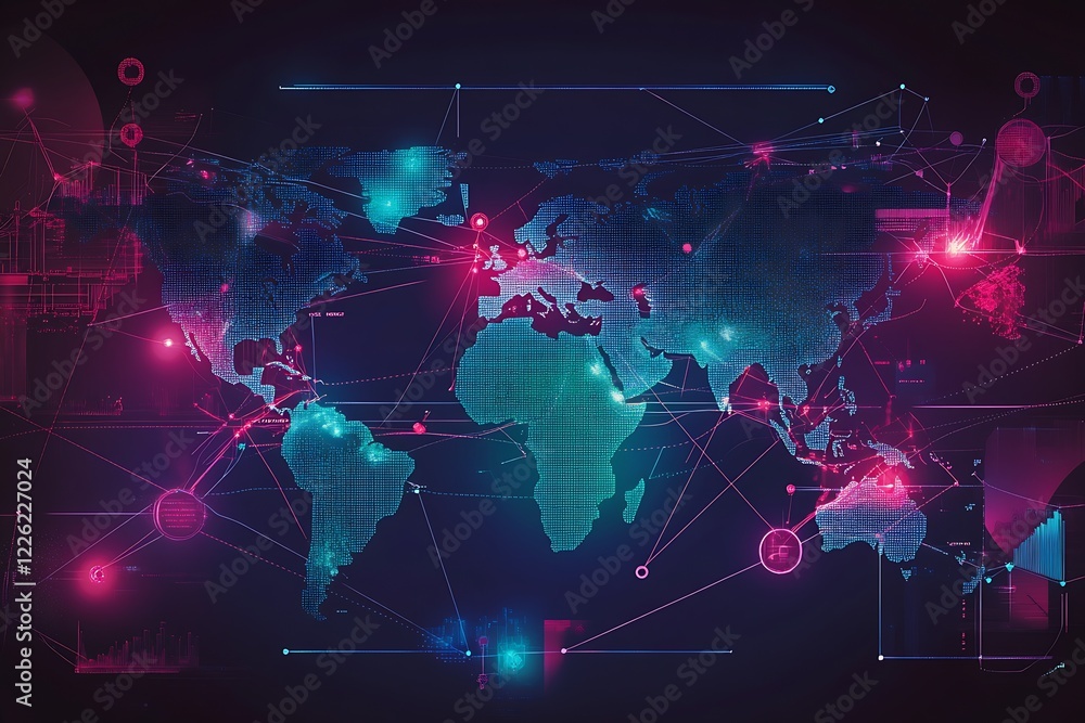 Aufkleber World Map with Cyber Connections and Digital Nodes in a Futuristic Interface : Generative AI