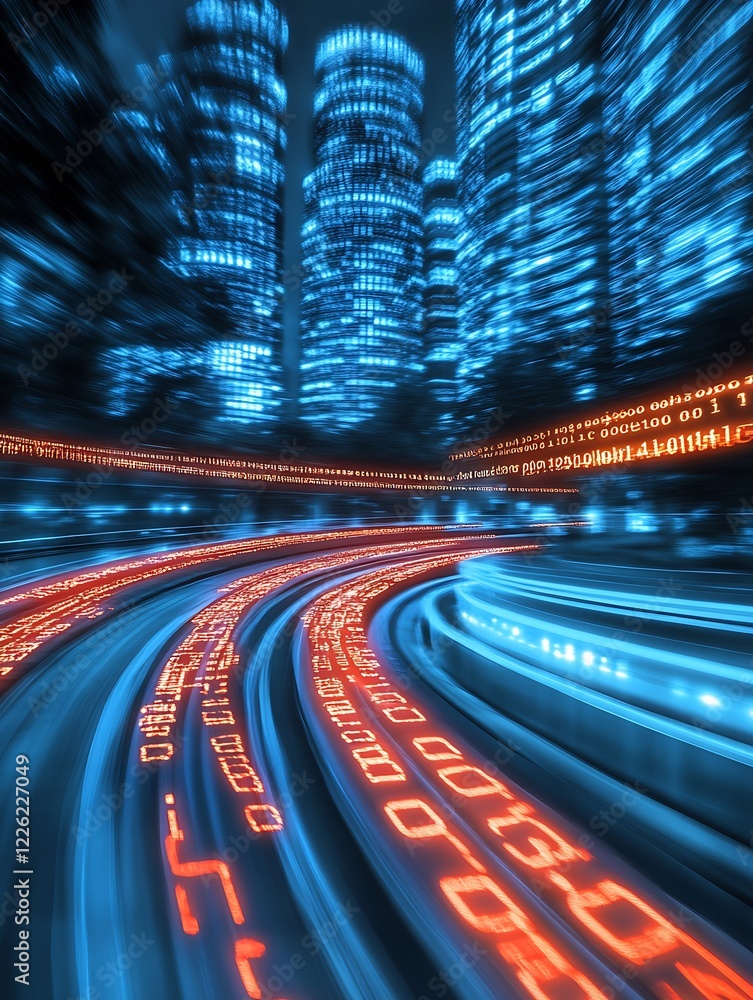 Aufkleber Futuristic Technology Highway with Digital Data Streams and Abstract Cityscape : Generative AI
